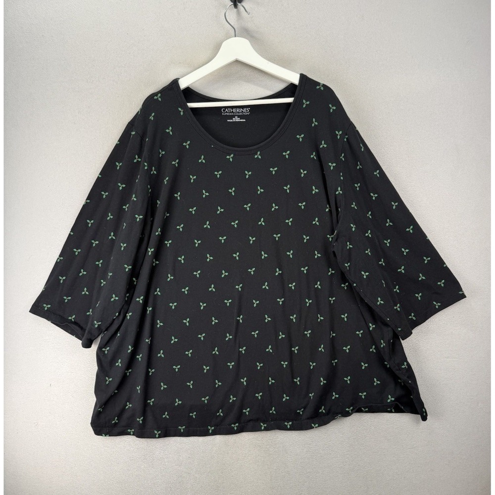 Catherines Suprema 4X Black Green Holly Print Top‎ Plus Size 3/4 Sleeve Shirt